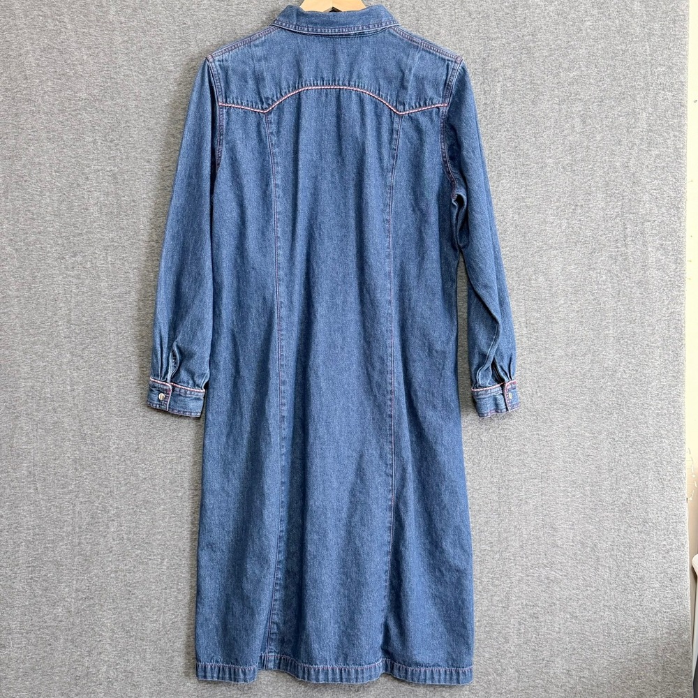 Blue J Womens Denim Maxi Dress L‎ Blue Western Snap Front Gingham Trim Cotton - Picture 5 of 9